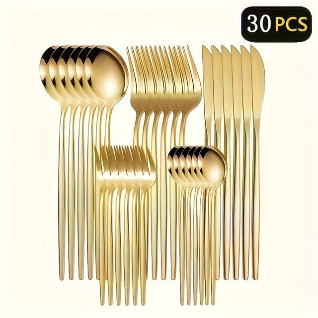 Ein Elegantes 30-teiliges Luxus-besteckset Aus Edelstahl – Bestehend Aus Messer, Gabel, Löffel, Dessertlöffel Und Dessertgabel Für 6 Personen – Finish