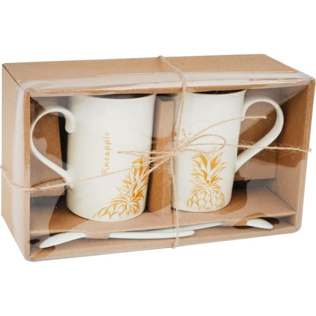 Set Aus 2 Tassen Mit Löffeln Mit Gelbem Ananasmotiv