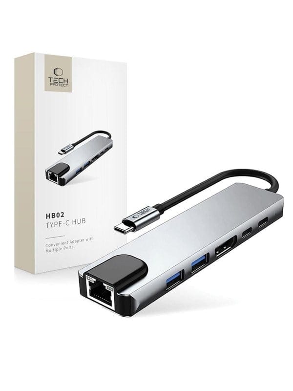 Tech-protect Hb02 Hub-adapter 6-in-1 Typ-c + Usb 2.0 + Usb 3.0 + Hdmi 4k 30hz + Rj45 + Pd 100w Space Grau