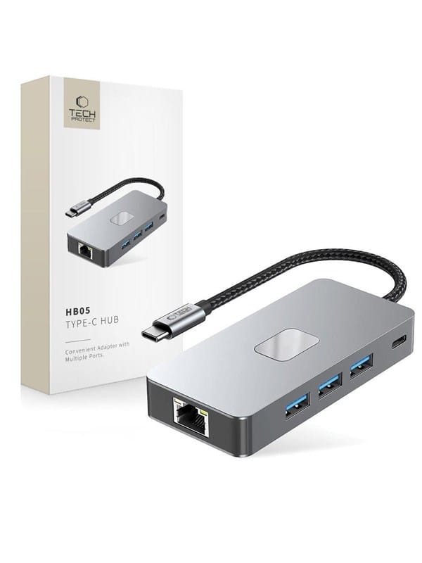 Tech-protect Hb05 Hub-adapter 9-in-1: Usb-c + Usb 2.0 + Usb 3.0 + Hdmi 4k 60 Hz + Sd/tf + Pd 100 W + Rj45 1000 Mbit/s, Space Grau