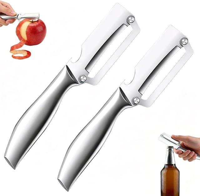 Set Mit 2 Sparschälern – Sparschäler Aus Edelstahl, 2-in-1 Kartoffelschäler Mit Flaschenöffner, Spargelschäler – Multifunktionale Gemüseschäler Für Die Küche (für Obst Usw.)
