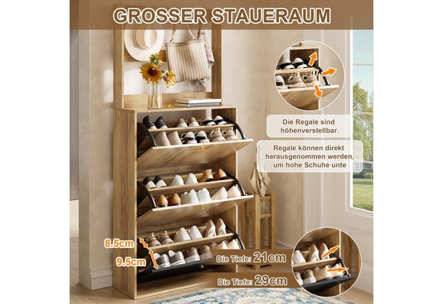 Schuhschrank Mit Haken Und 3 Klappbaren Fächern, Natur Schwarz, 75x24x180 Cm
