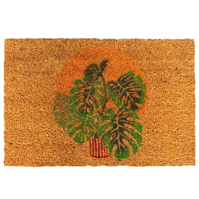 Relaxdays Fußmatte Kokos, Monstera, 60x40 Cm, Rutschfest, Wetterfest, Fußabstreifer Innen & Außen, Türvorleger, Natur