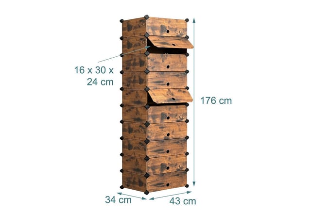 Relaxdays Schuhregal, 10 Fächer Mit Klappe, Stecksystem, Hbt: 176x43x34 Cm, Holzoptik, Schuhschrank, Braun/schwarz