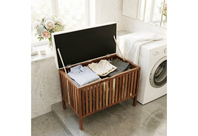 Relaxdays Wäschetruhe Mit Sitz, Badbank Mit Stauraum, 80 L Wäschesammler, Hbt 56x78x39cm, Akazienholz, Stoff, Braun/weiß