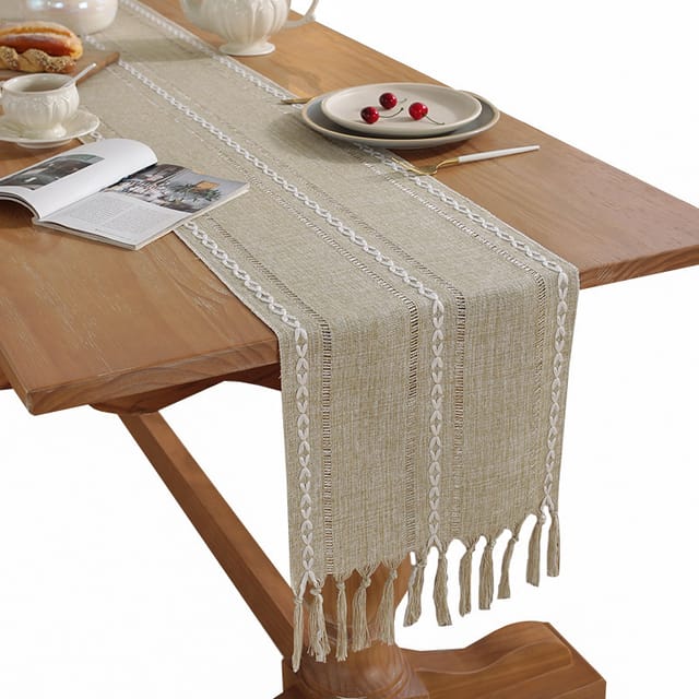 Rustikaler Tischläufer Aus Leinen Mit Handgefertigter Quaste, 220 Cm Lang, Bestickt, Im Landhausstil, Ideal Für Esszimmer Oder Partys, 33 X 220 Cm – Hellbraune Lochstickerei