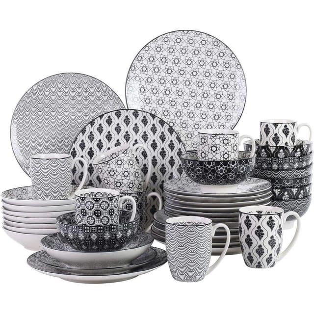 Kombiservice Porzellan 40 Tlg 40-teilig Geschirrset Schwarz + Creme