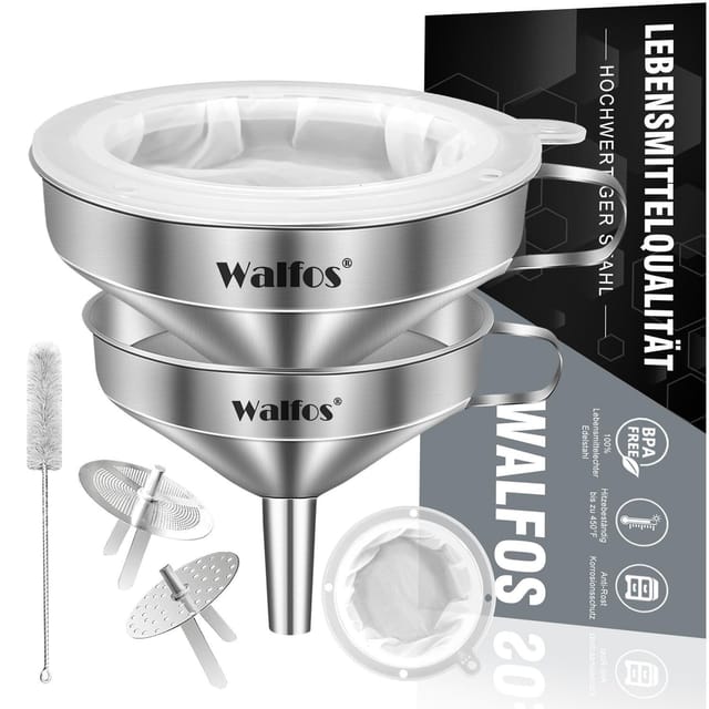 Walfos Trichter Edelstahl 200 Mesh Filter Jam Straining 2 Abnehmbaren Sieben