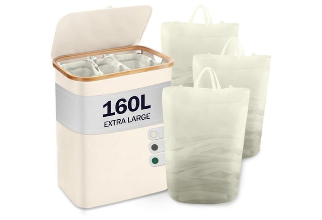 Wäschekorb Deckel 3 Fächer Wäschesammler Wäschesäcke Bambus 160l Beige