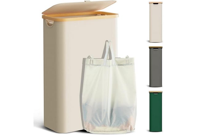 Wäschekorb Deckel Bambus Wäschesack Wäschesortierer 48l(slim) Beige