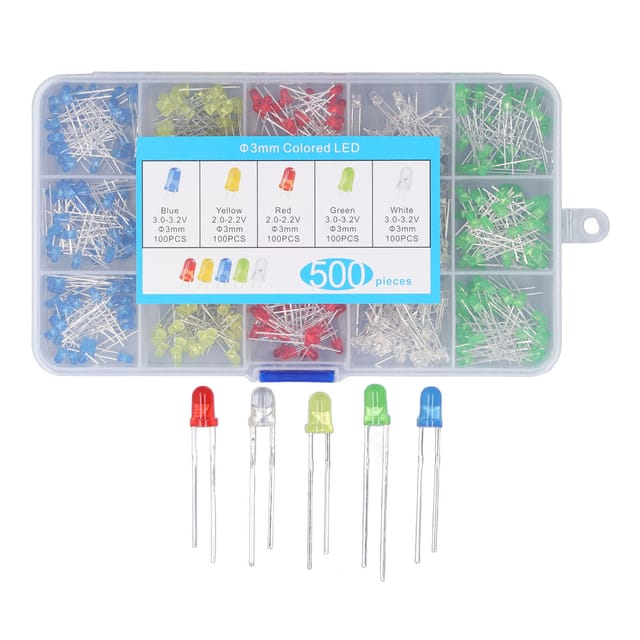 Packung Mit 500 Mehrfarbigen 3-mm-leds: Rot, Gelb, Blau, Grün, Weiß.