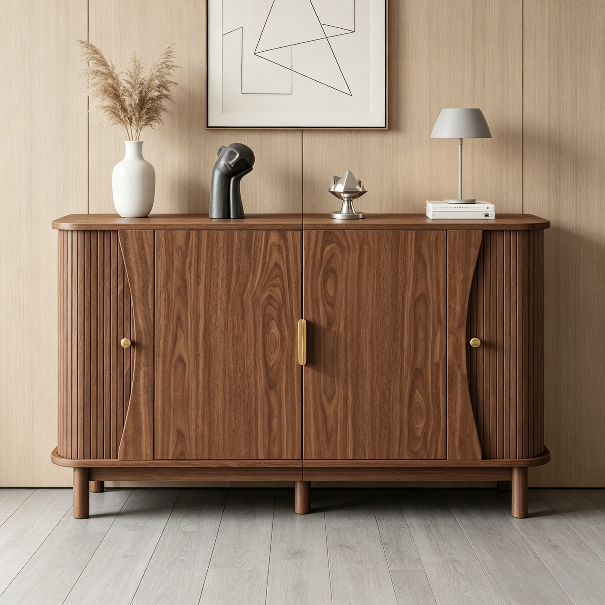 Walnussfarbener Sideboard 140×40×88 Cm Aus Mdf, Kommode Mit Geschwungenen Kanten, 2 Schiebetüren, Stauraumschrank Für Wohnzimmer Flur, Bis 60kg Belastbar – Dieser Geräumige Sideboard Aus Mdf Kombinier