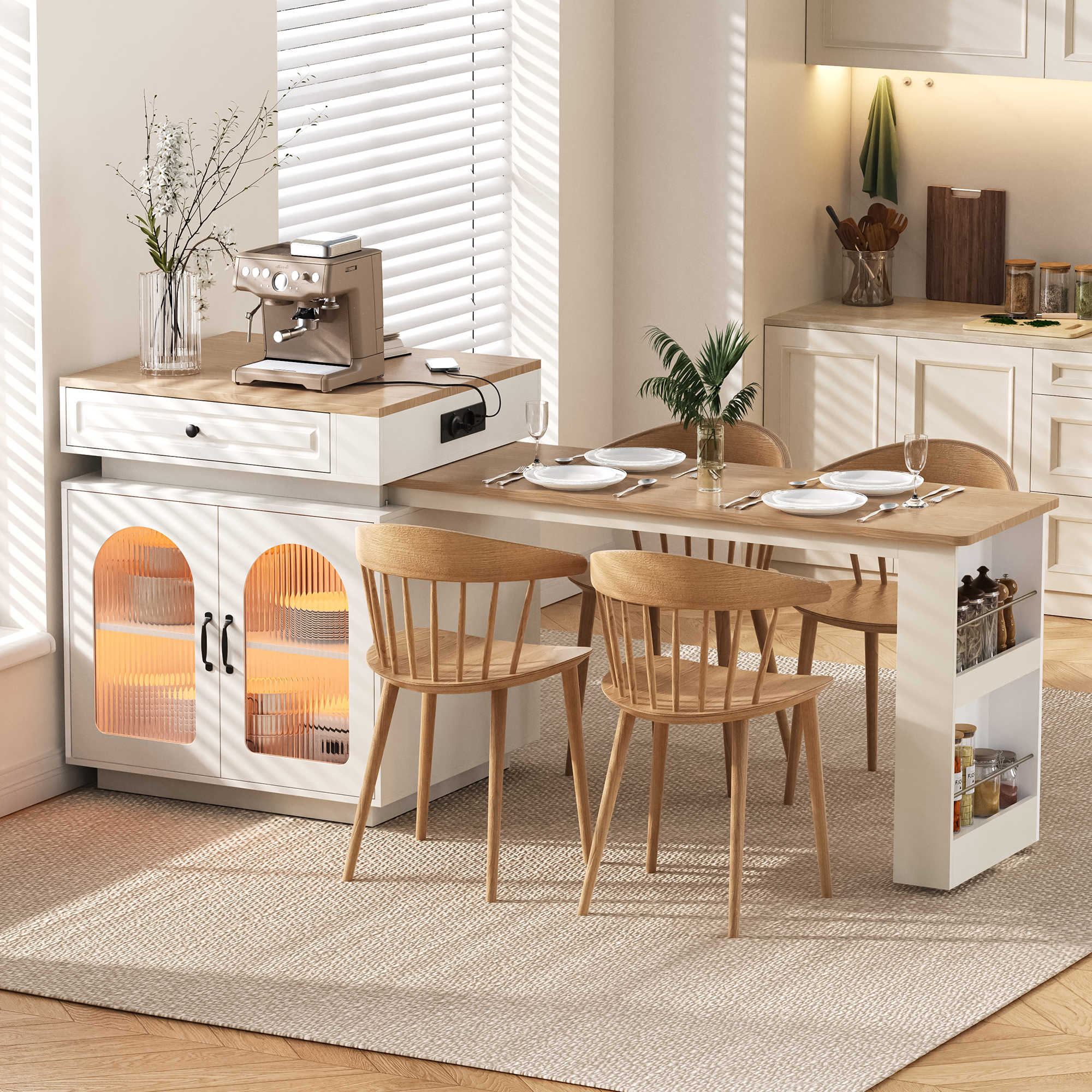 Kücheninsel Mit Rollen, Ausziehbarer Esstisch Mit Led-beleuchtung, Bartisch Mit Steckdosenleisten, Dient Als Kücheninsel, Anrichte, Sideboard Oder Bartisch Für Küche Und Esszimmer (weiß)
