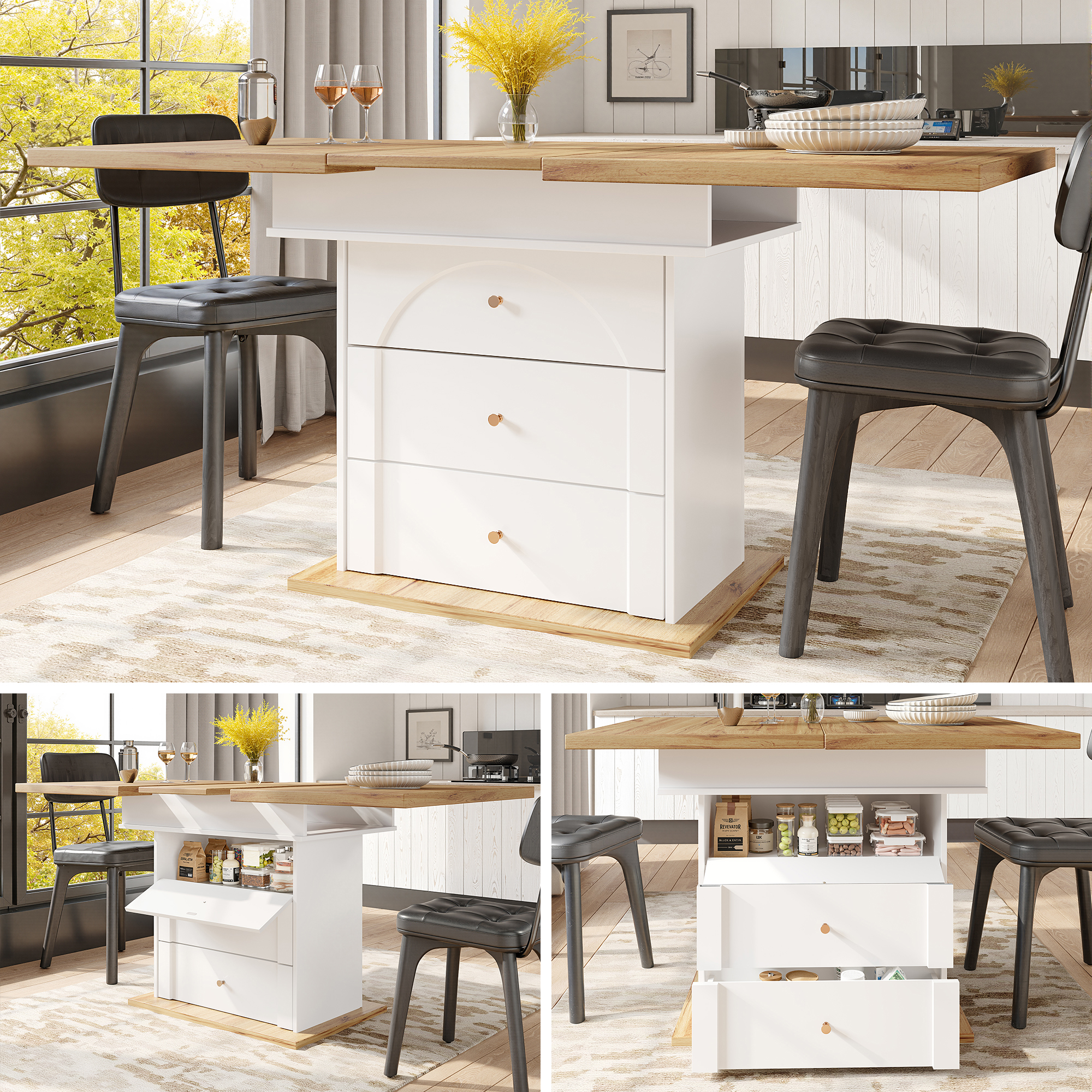 Esstisch Teleskoptisch, Klappbarer Küchentisch Für 4-6 Personen, Ausziehbarer Esstisch ,platzsparender Küchentisch,für Küche Und Wohnzimmer,minimalistisches Schranktür-design,weiß – Einzigartige Tisch