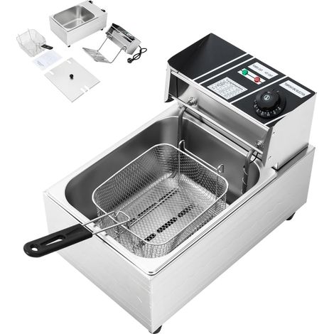 Elektrische Fritteuse (6 L, 2500 W), Edelstahl, Profiküche, Kaltzone, Tauchheizelement, Temperaturregelung, Herausnehmbar, Einfache Überwachung, Einfache Reinigung
