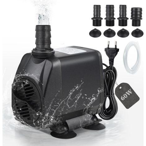 Tauchpumpe Für Aquarien – 3500 L/h – 60 W – Extrem Leise Filterpumpe – Mit 2 M Kabel – 4 Düsen – Anschluss Für Springbrunnen Und Steingarten