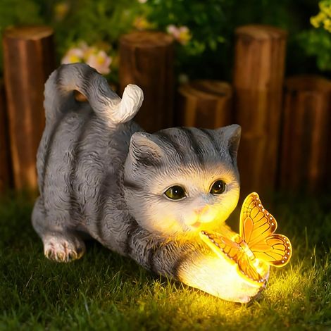 Solarbetriebene Katzenfigur Mit Schmetterling, Solar-katzenstatue, Dekorative Katzenfigur Für Den Garten (ip65), Solardekoration Für Terrasse Und Balkon, Warmweißes Licht