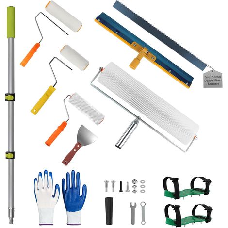 13-teiliges Selbstnivellierendes Zementwerkzeug-set, 3- Und 5-mm-doppelzahnabzieher, Blasenwalze, Putzwalze, Teleskopstange, Rasenlüfterschuhe, Farbschaber, Handschuhe, Zum Verputzen