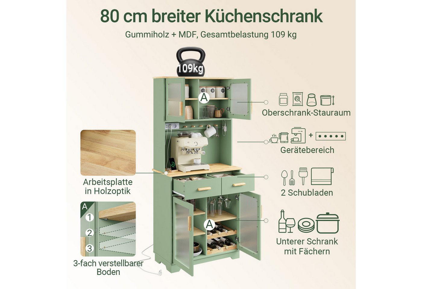 Sobuy Holzvitrine Mit Glastür Grün Küchenregal Mit Steckdose Und Usb Esszimmer Sideboard Aus Holz 78×38×180 Cm Tragkraft 109 Kg Fsb108-e-gr