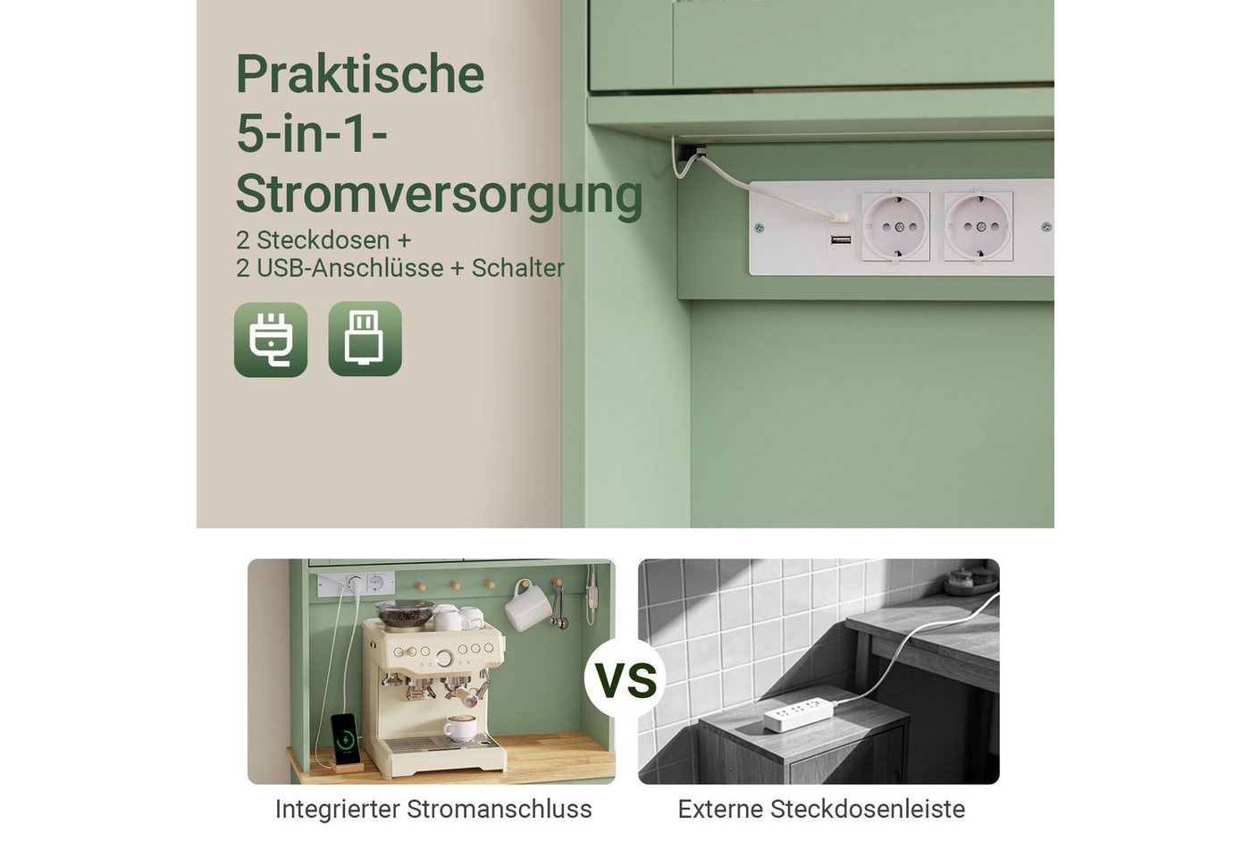 Sobuy Holzvitrine Mit Glastür Grün Küchenregal Mit Steckdose Und Usb Esszimmer Sideboard Aus Holz 78×38×180 Cm Tragkraft 109 Kg Fsb108-e-gr Bild 2
