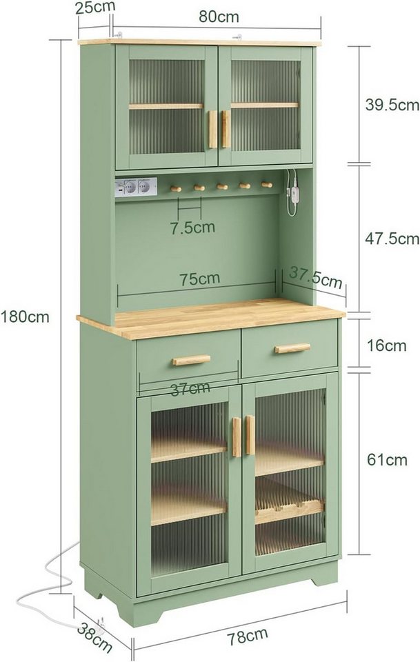 Sobuy Holzvitrine Mit Glastür Grün Küchenregal Mit Steckdose Und Usb Esszimmer Sideboard Aus Holz 78×38×180 Cm Tragkraft 109 Kg Fsb108-e-gr Bild 3