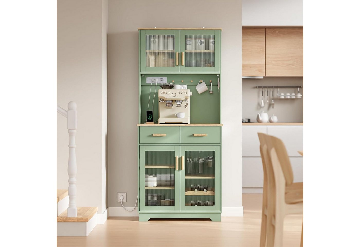 Sobuy Holzvitrine Mit Glastür Grün Küchenregal Mit Steckdose Und Usb Esszimmer Sideboard Aus Holz 78×38×180 Cm Tragkraft 109 Kg Fsb108-e-gr Bild 4