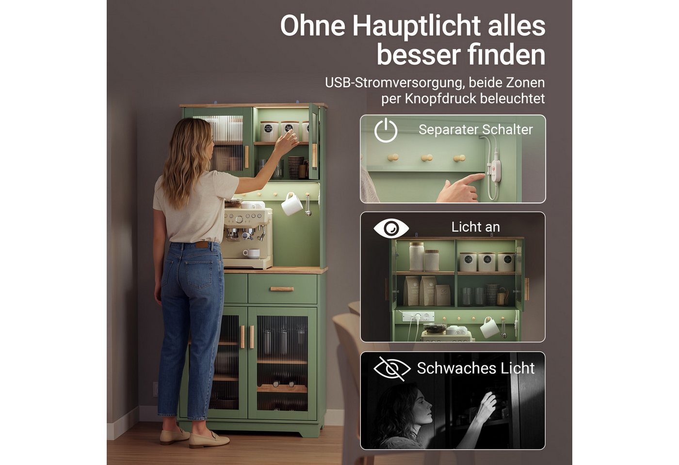 Sobuy Holzvitrine Mit Glastür Grün Küchenregal Mit Steckdose Und Usb Esszimmer Sideboard Aus Holz 78×38×180 Cm Tragkraft 109 Kg Fsb108-e-gr Bild 5
