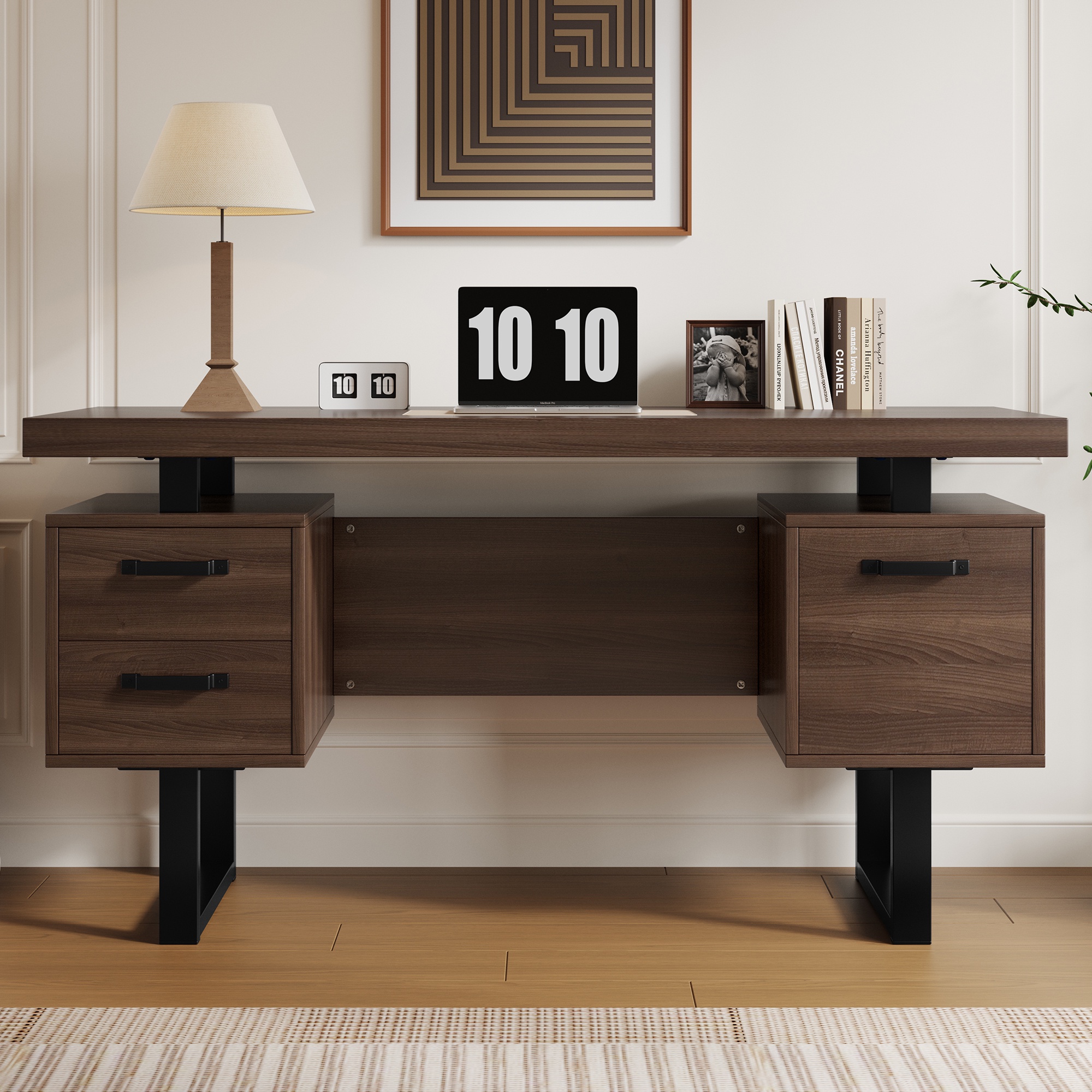 Schreibtisch 135 X 54 Cm Mit Leisen Schubladen Und Ordnerfach Computertisch Fürs Büro Und Homeoffice Moderner Stil Aus Mdf Und Metallgestell Braun Schwarz