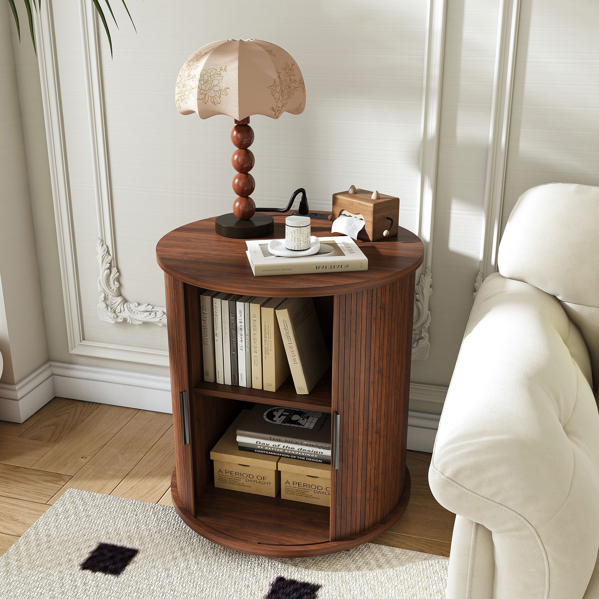 Nachttisch Rund Mit Ladestation Steckdose Und Usb - Durchmesser 60 Cm Beistelltisch Zylindrisch Mit Schiebetür Für Schlafzimmer Und Wohnzimmer - Holz Mdf - Walnuss Optik