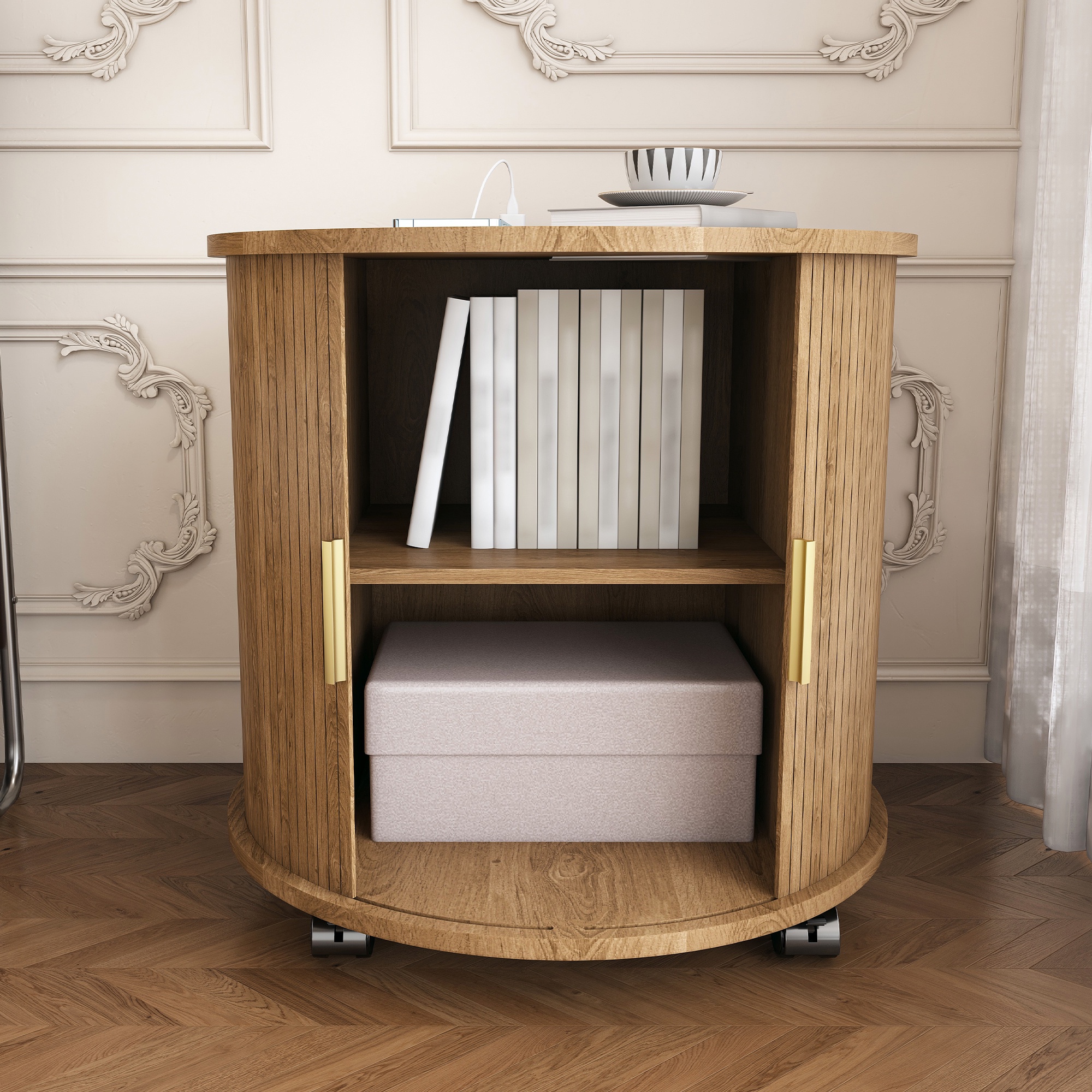 Zylindrischer Nachttisch Mit Ladestation Beistelltisch Rund Mit Steckdose Und Usb-anschluss Schiebetür Rollbar Nachtschrank Für Schlafzimmer Wohnzimmer Eiche-optik - 60x60x60 Cm
