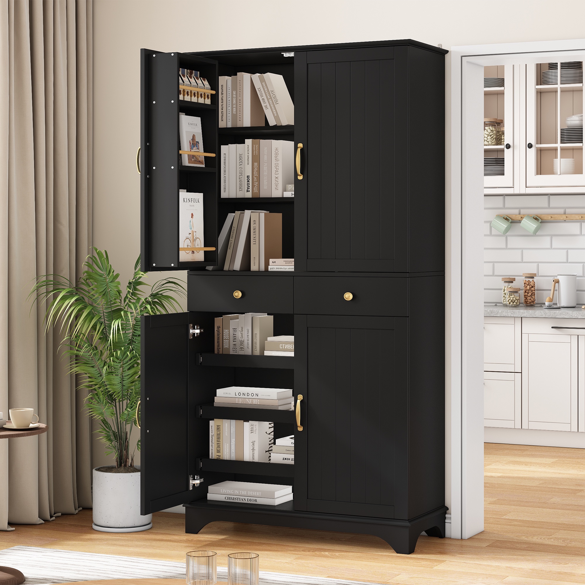 Vorratsschrank 77 X 40 X 181 Cm Küchenschrank Hochschrank Mit Schubladen Und Verstellbaren Regalböden Für Wohnzimmer Und Küche Aus Mdf Im Modernen Design Schwarz