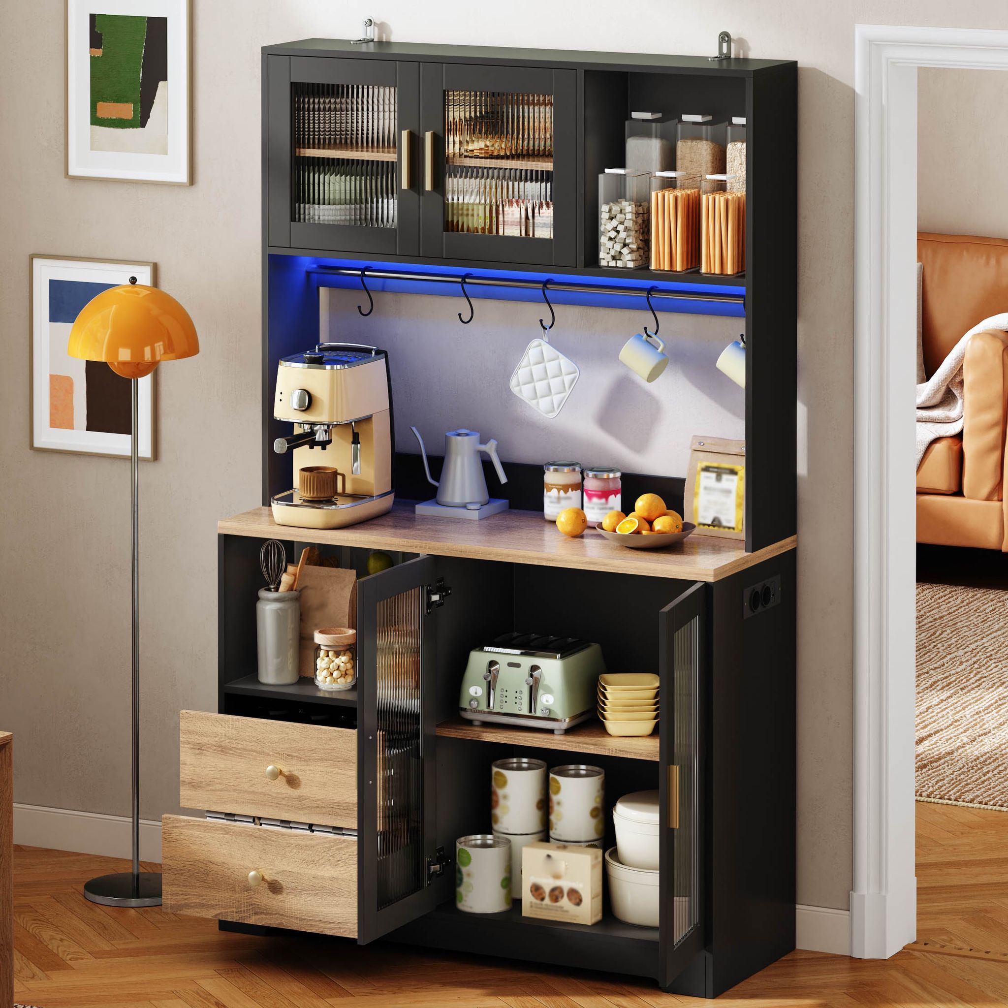 Küchenschrank Hochschrank Mit Led-beleuchtung Und Steckdose 110x40x178 Cm - Buffet Küchenanrichte Mit Vitrinentüren Weinregal Mdf - Schwarz Und Holzoptik
