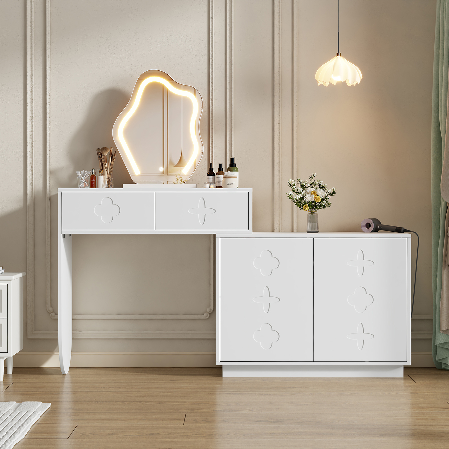 Sonni Waschtisch Mit Led-beleuchtetem Spiegel, Drei Einstellbaren Farbtemperaturstufen – 2 Schubladen Und Ein Schrank Mit 4 Ablagefächern, Weiß, 160x40x132 Cm