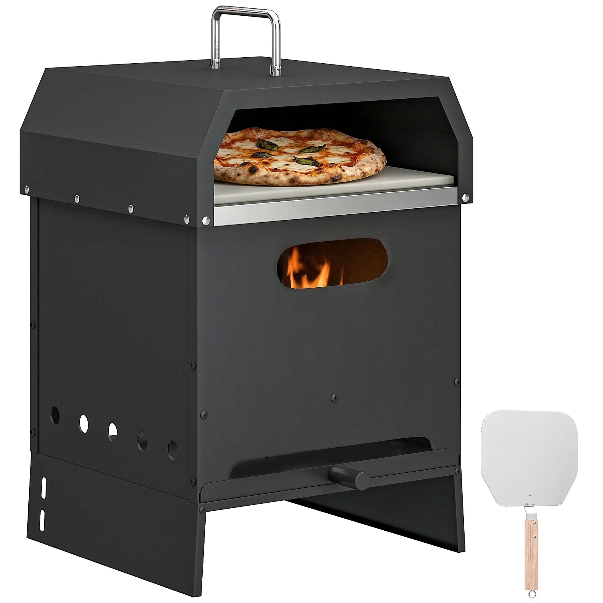 3-in-1 Outdoor Pizzaofen Holzbefeuert Pizza-backofen 2 Ebenen Mit Pizzastein & Pizzaschaufel