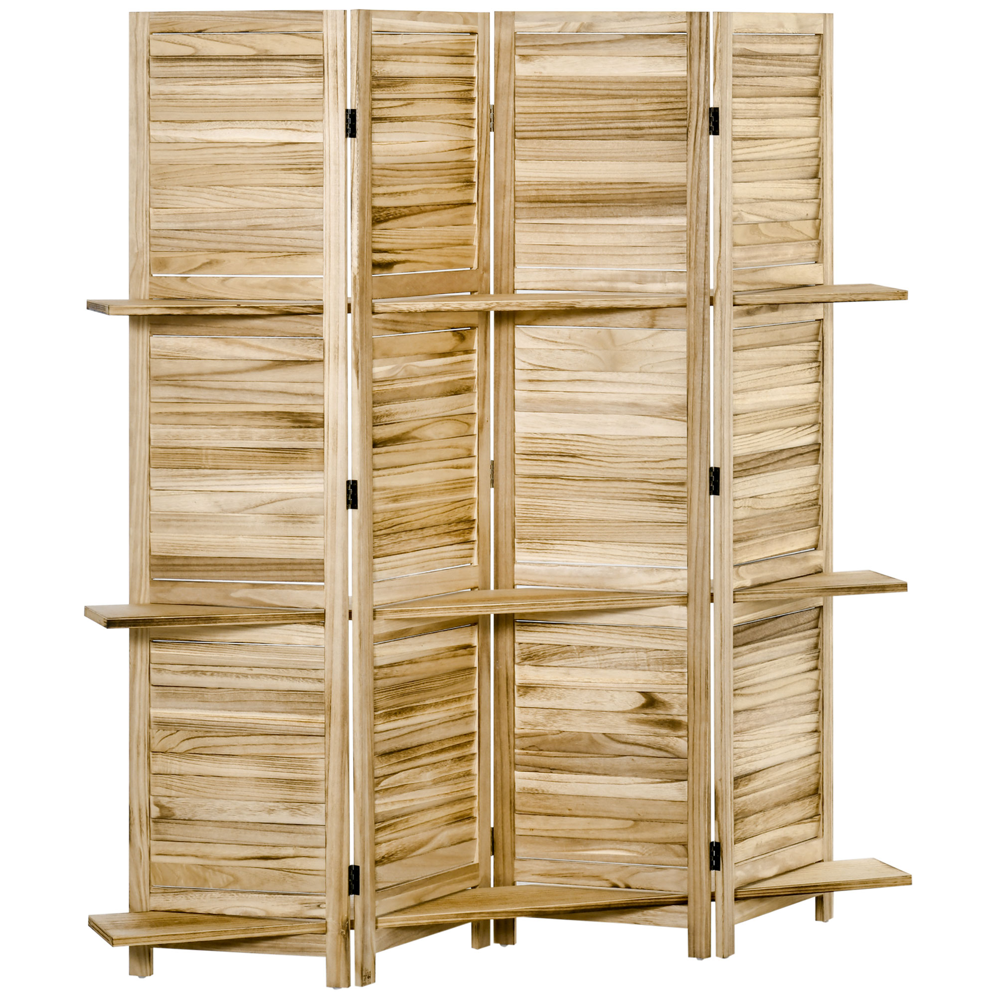 Paravent Raumteiler 4-teilig Mit 3 Klappregalen Sichtschutz Spanische Wand Lamellentüren Paulownia-holz Pinien-optik