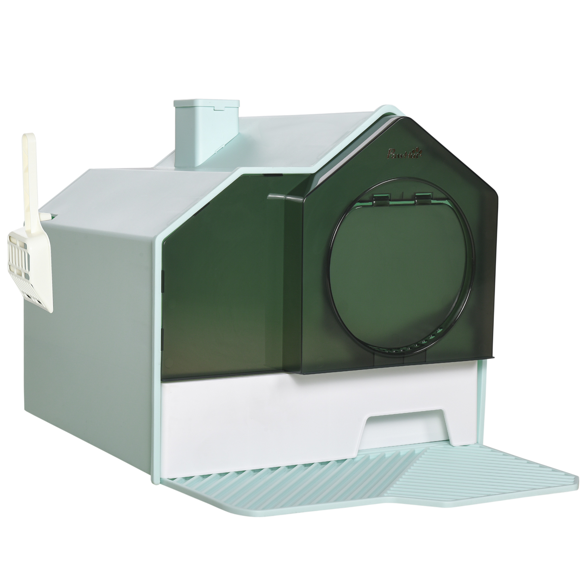 Katzenklo Im Hütten-design Katzentoilette Mit Ausziehbarer Wanne Siebvorleger & Schaufel Grün Weiß