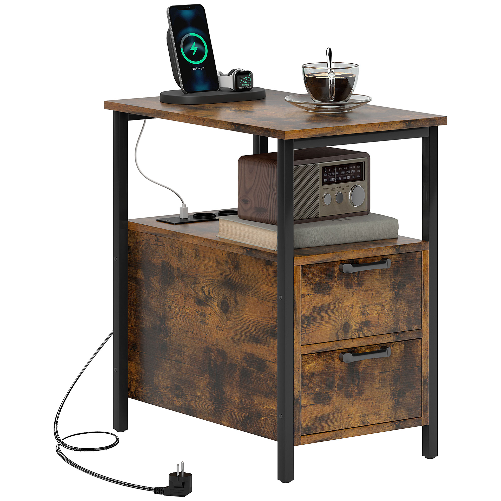 Beistelltisch Mit Ladestation Steckdosen & Usb-anschlüssen Nachttisch Sofatisch Mit 2 Schubladen & Regal Holz Metall
