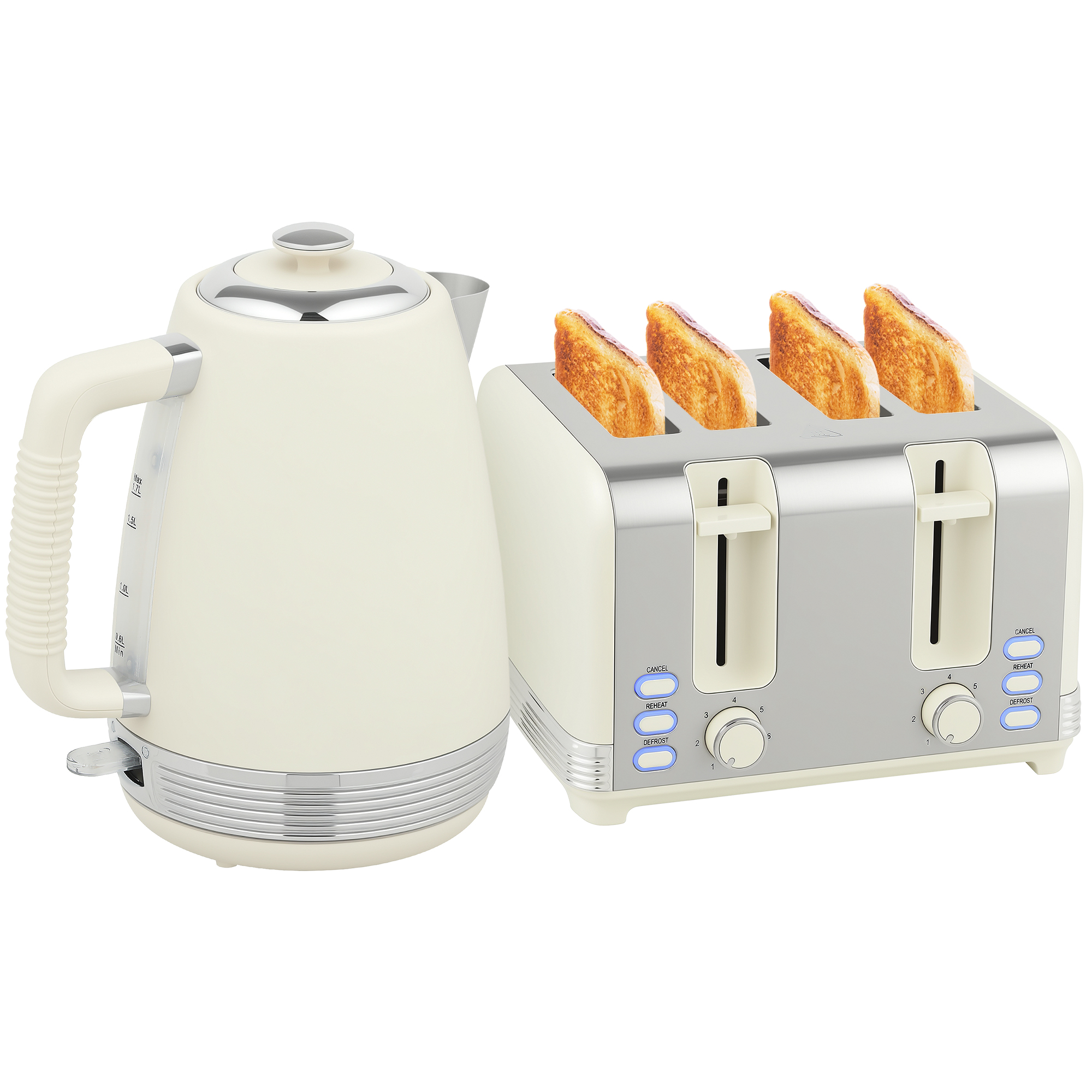 Frühstücksset Wasserkocher 1,7l 2200w & 4-schlitz Toaster Mit Strix Thermostat Edelstahl Grau