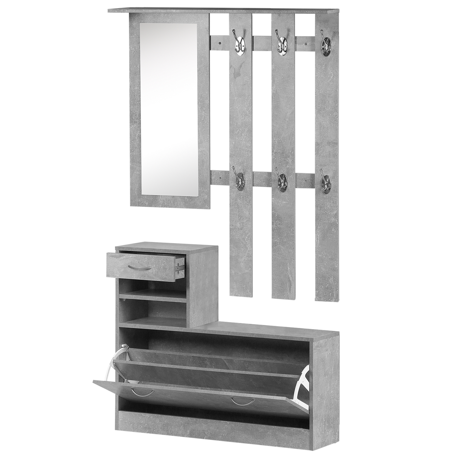 Garderoben-set 3-in-1 Mit Spiegel & Schuhbank, Flurgarderobe Mit Wandpaneel & 6 Kleiderhaken, Schuhschrank Mit Verstellbarem Regalboden - Betonoptik Grau