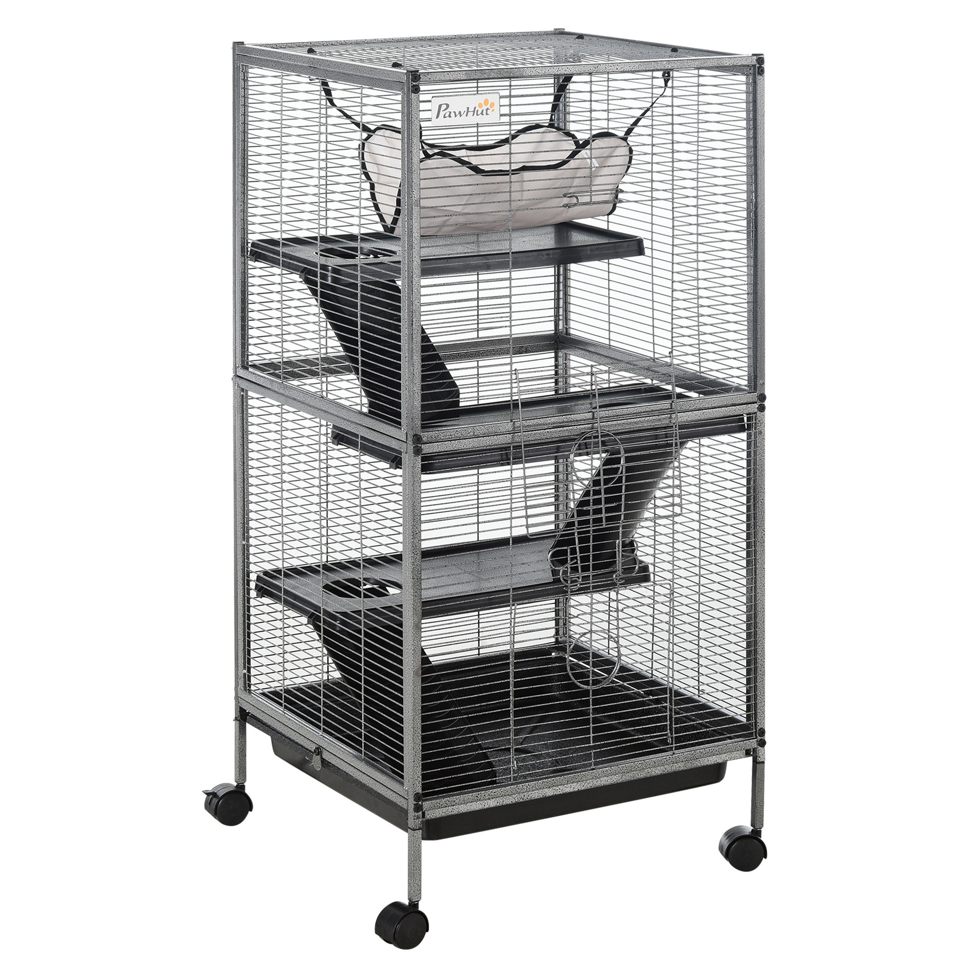 Kleintierkäfig Fahrbar 52x52x113,5 Cm Mit 4 Ebenen, Nagerkäfig Für Chinchillas & Frettchen, Fahrbare Voliere Mit 2 Türen, Hängematte & Ausziehbarer Wanne - Grau