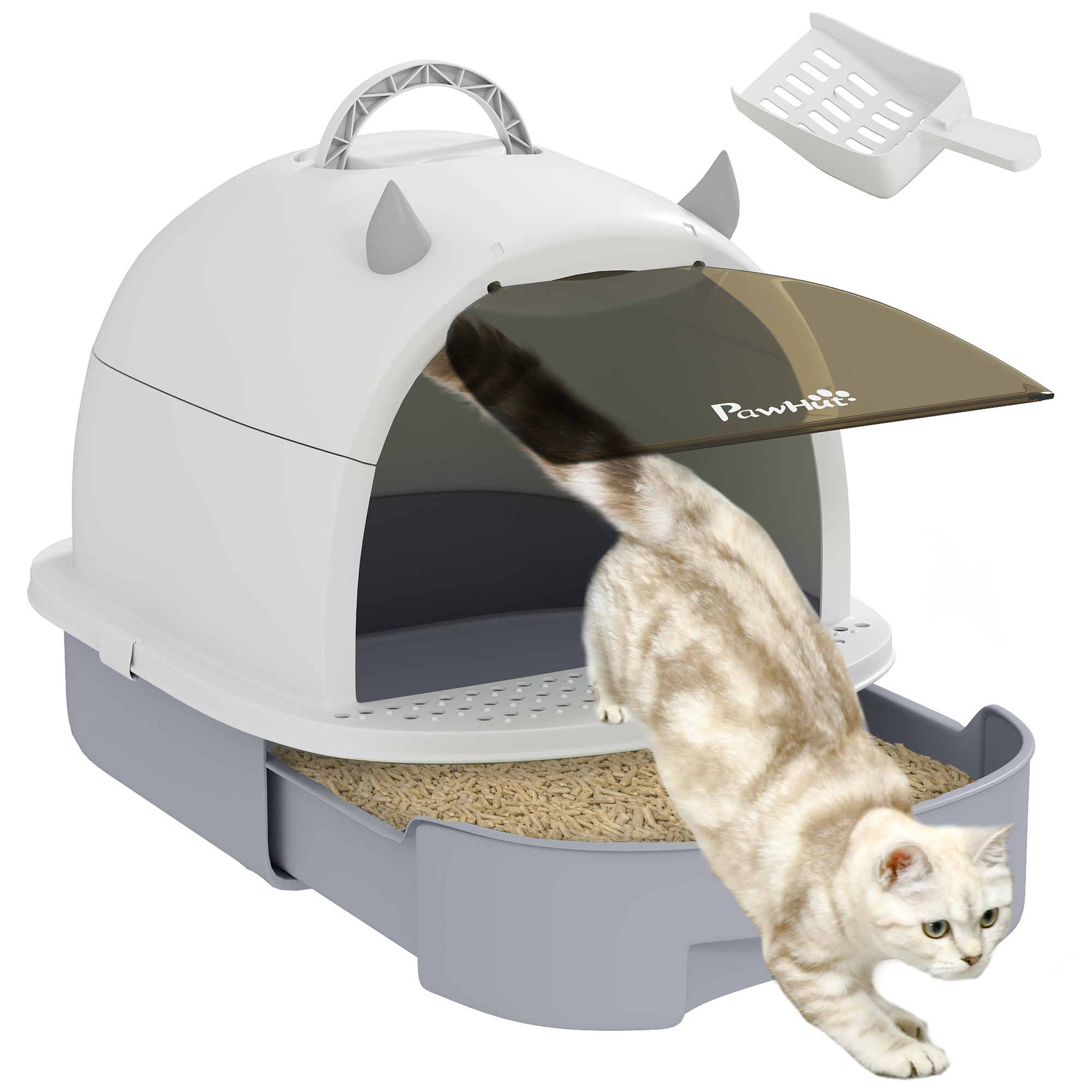 Katzenklo Mit Deckel & Schaufel Katzentoilette Mit Bodenschublade & Eingangspedal Grau Bis 5 Kg