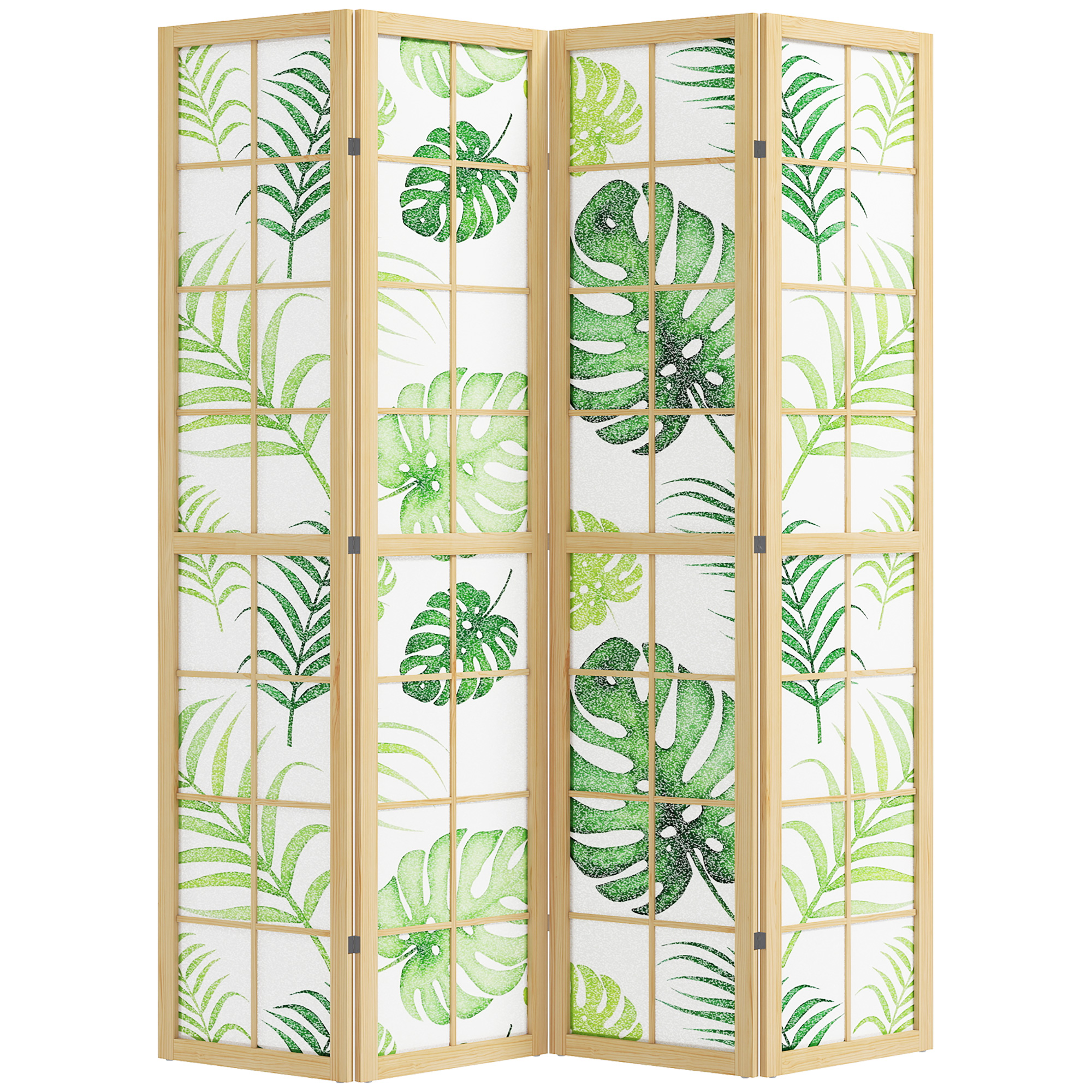 4-teiliger Raumtrenner Paravent Im Boho-design Faltbarer Sichtschutz Tropenmotiv Holzrahmen Grün