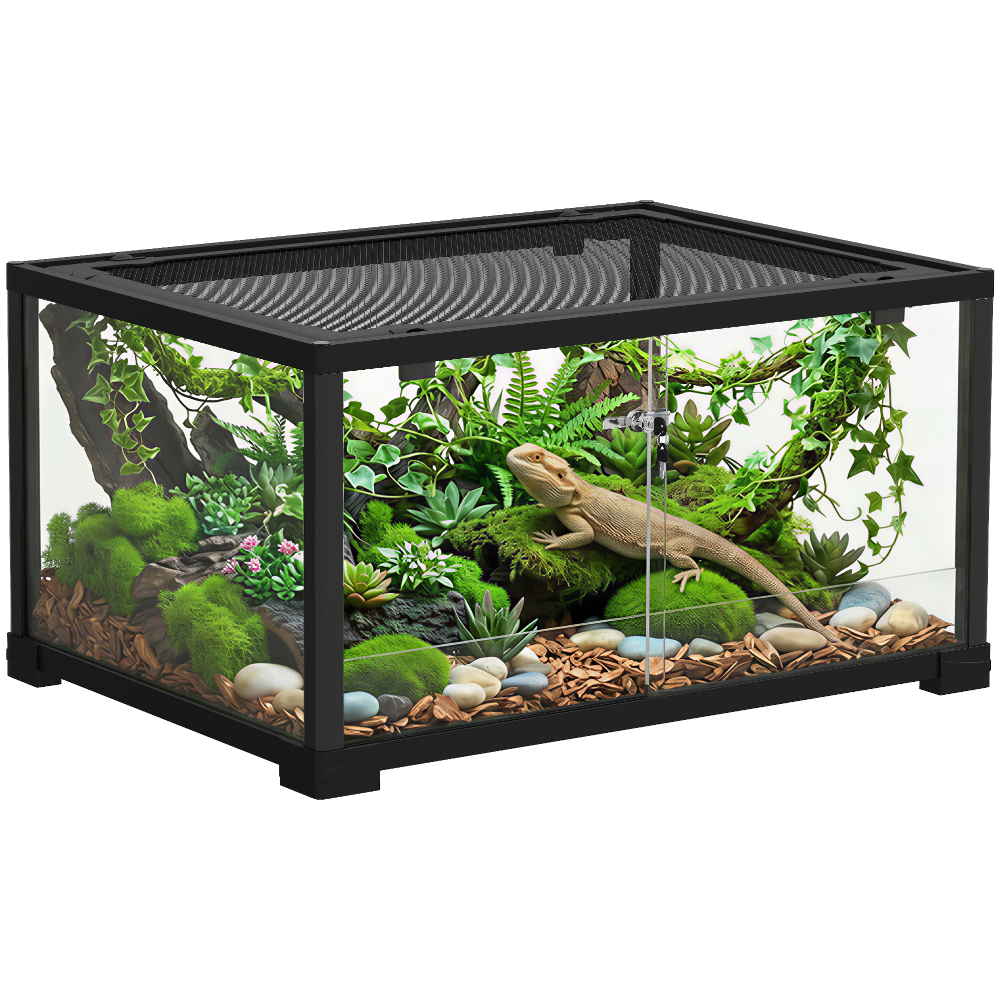 Reptilien Terrarium 86 L Vivarium Mit Schiebetür Verschließbares Glas-terrarium Für Echsen & Geckos Schwarz