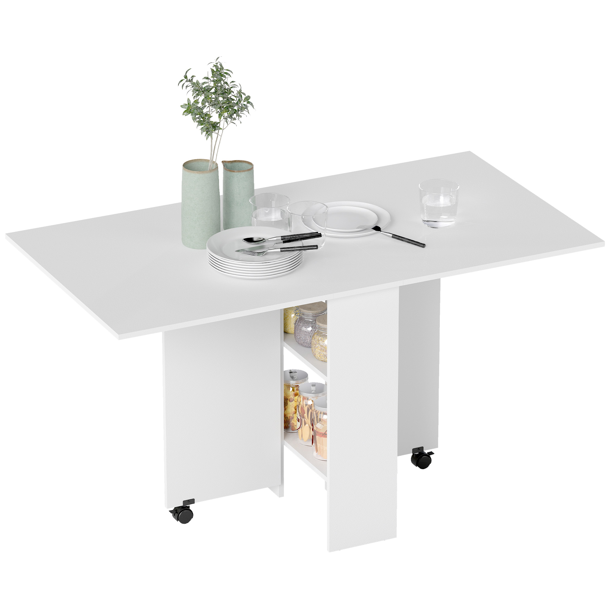 Esstisch Klappbar Mit Rollen 140x75x74 Cm Aus Holz, Klappbarer Küchentisch Mit 2 Integrierten Regalfächern, Platzsparender Klapptisch Für Esszimmer - Weiß