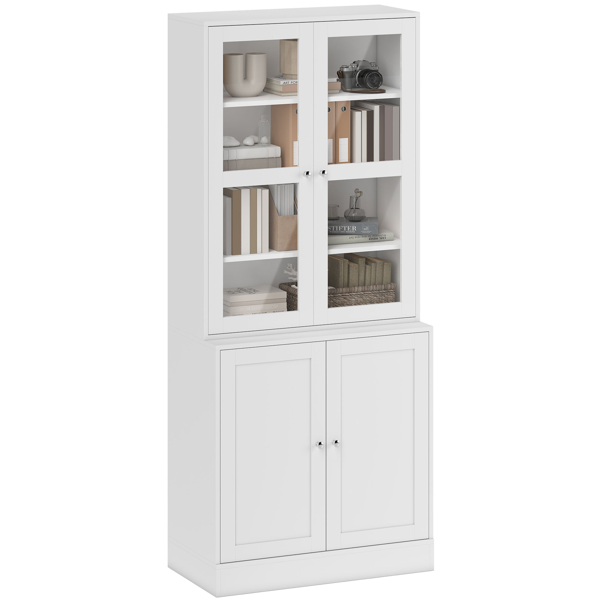 Vitrine Für Wohnzimmer & Büro Mit 2 Glastüren & 2 Holztüren, Bücherschrank Mit 4 Verstellbaren Einlegeböden, Weißer Aktenschrank & Sideboard