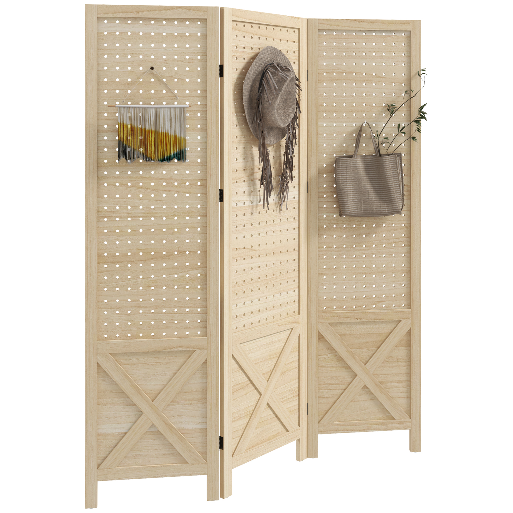 Dreiteiliger Raumteiler Aus Holz Für Den Innenbereich, Faltbare, Perforierte Paneele, 114 X 1,7 X 144,5 Cm, Naturholz