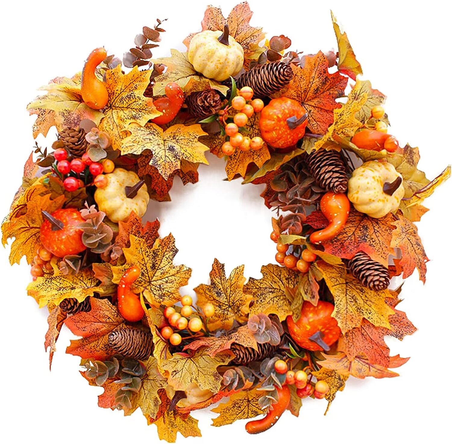 Große Herbstkränze Für Die Haustür, Künstliche Herbstkränze (50 Cm Durchmesser) Mit Tannenzapfen, Ahorn Und Kürbisbeeren, Erntedankkranz Für Drinnen Und Draußen, Herbstdekorationen Für Die Erntedankfe