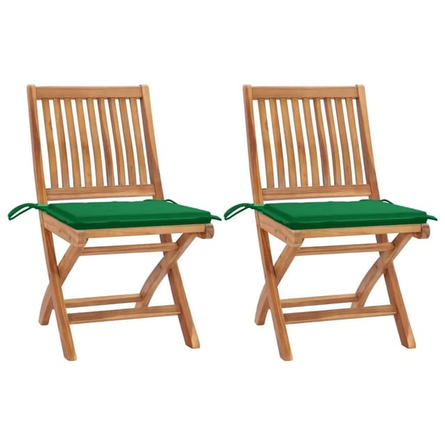 Vidaxl Folding Chairs 2 Pcs With Green Cushions Solid Teak Wood