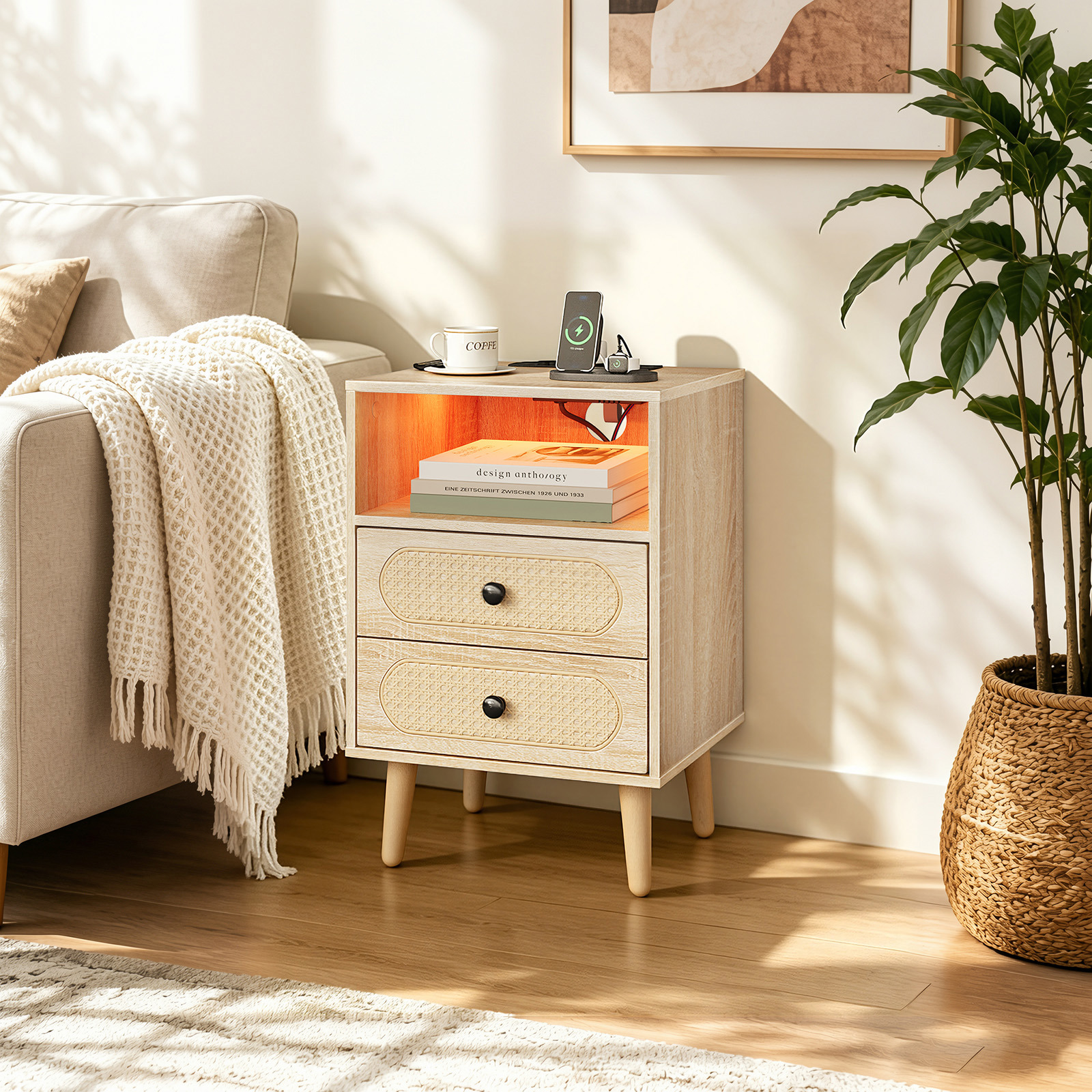 Woltu 1x Nachttisch, Nachtschrank Sofatisch Mit Ladefunktion Led-beleuchtung, Beistelltisch Mit 2 Schubladen, 1 Offenem Fach, Für Schlafzimmer Wohnzimmer, 40x35x60 Cm, Helle Eiche