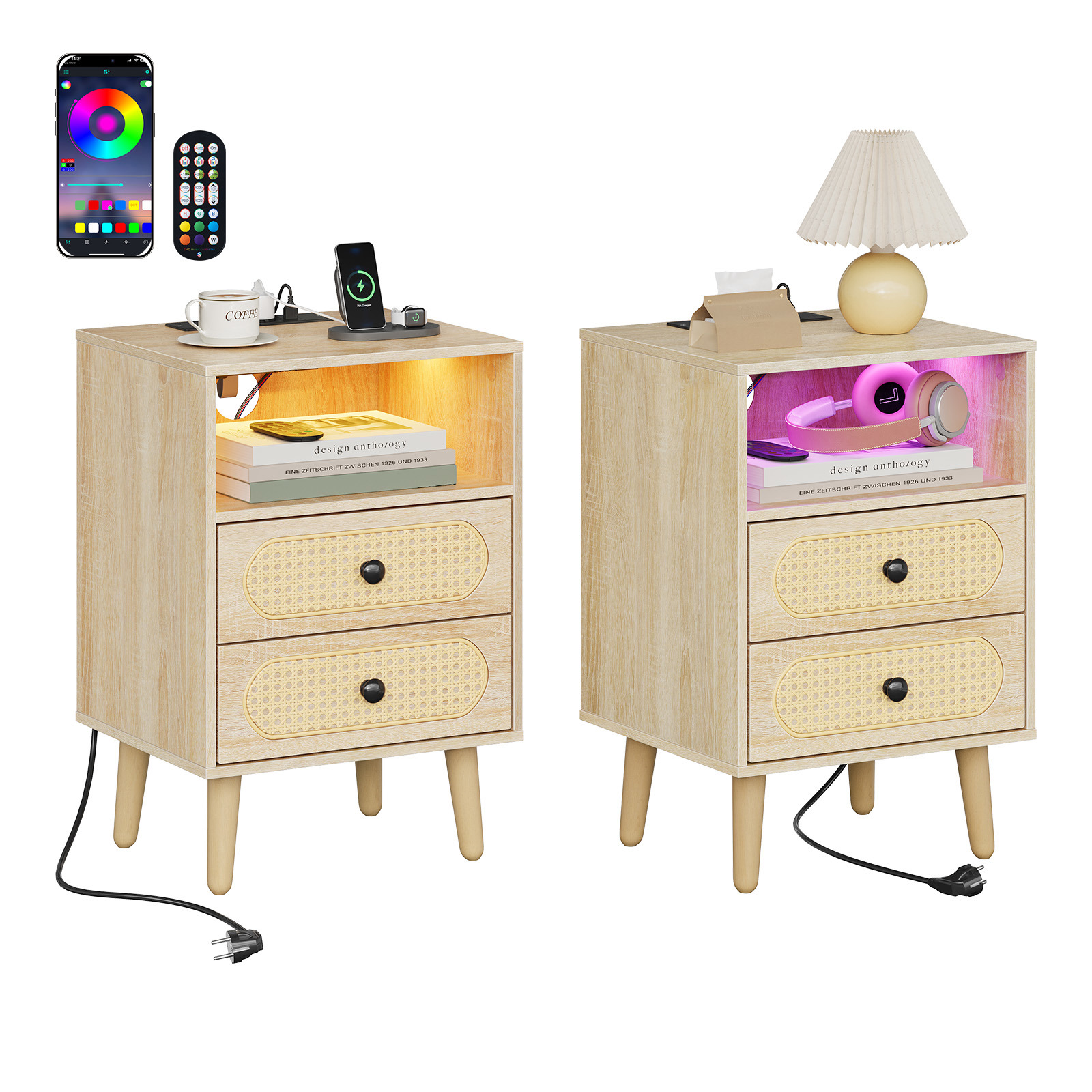 Woltu 2x Nachttisch, Nachtschrank Sofatisch Mit Ladefunktion Led-beleuchtung, Beistelltisch Mit 2 Schubladen, 1 Offenem Fach, Für Schlafzimmer Wohnzimmer, 40x35x60 Cm, Helle Eiche